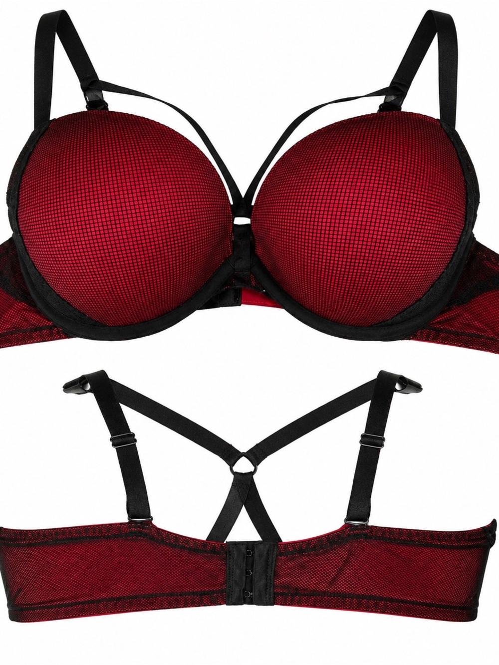 Torrid Bra 42D Red Black Mesh Padded Underwire Strappy Plus Size Lingerie